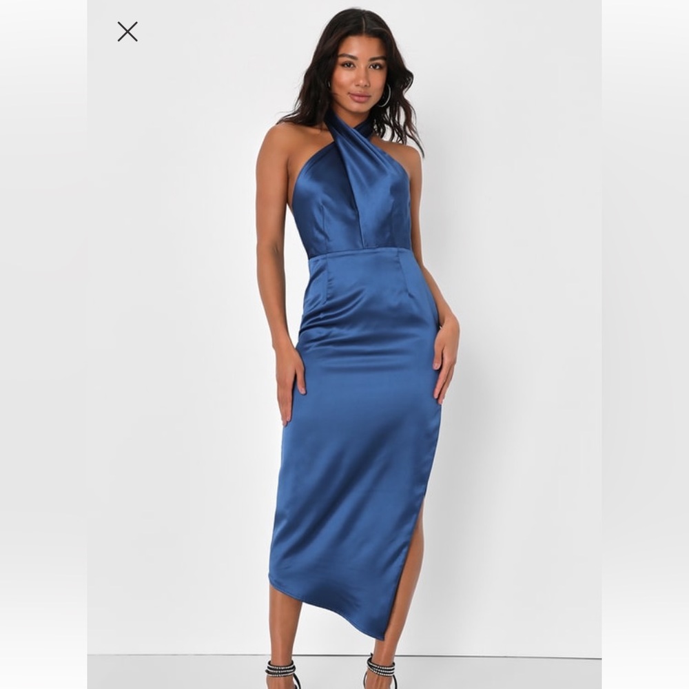 Lulu’s Glamorous Desires Navy Blue Satin Halter Midi Dress - S (NWT)